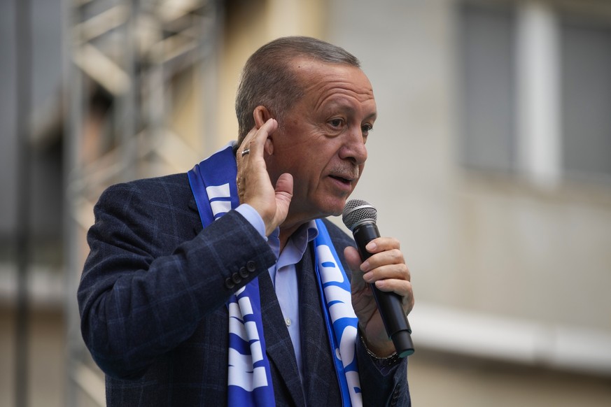 Turkish President and People&#039;s Alliance&#039;s presidential candidate Recep Tayyip Erdogan gestures as he delivers a speech during an election campaign rally in Istanbul, Turkey, Saturday, May 13 ...