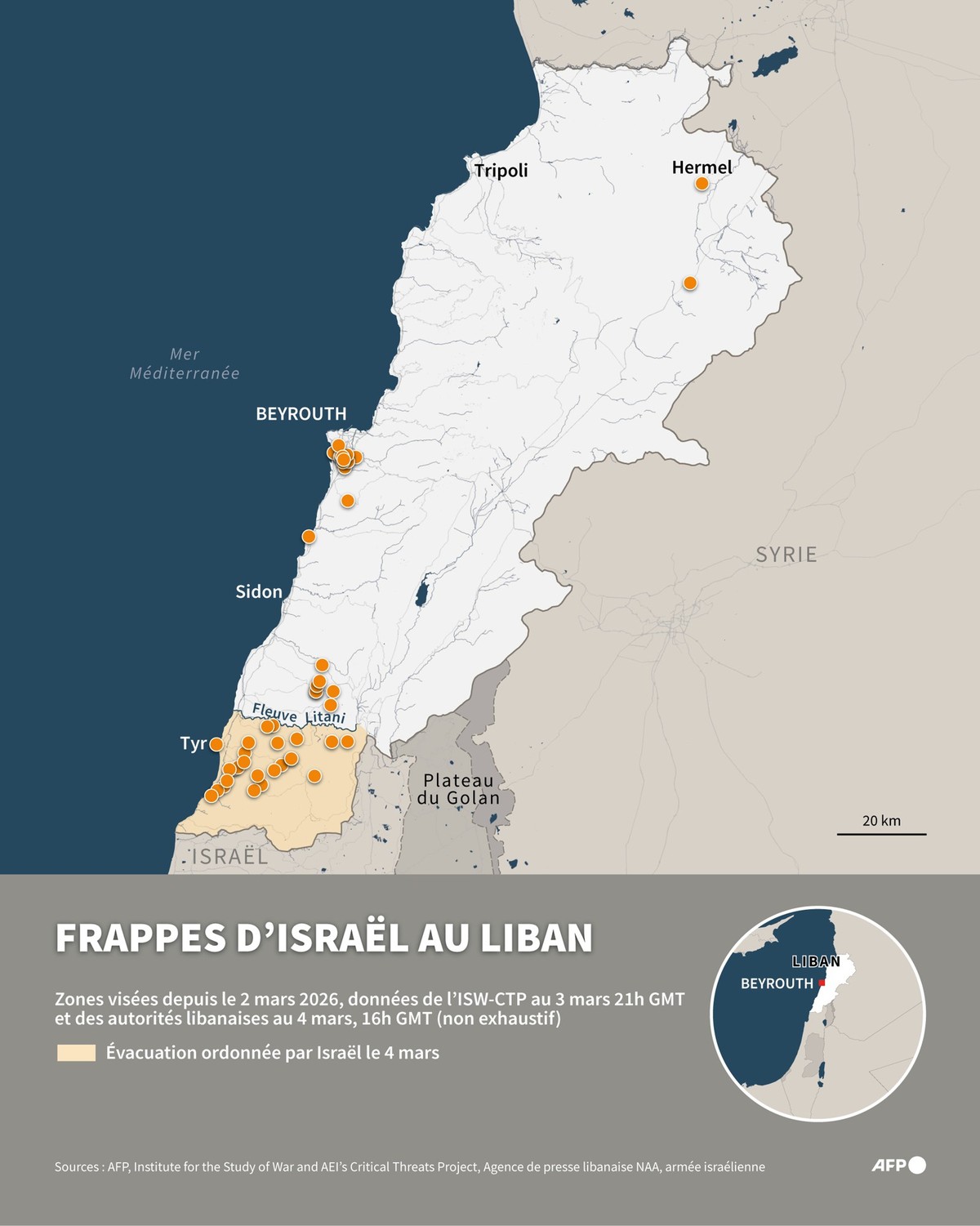 Infographie avec une carte du Liban montrant les zones bombardées par Israël depuis le 2 mars 2026, avec des données non exhaustives de lISW-CTP au 3 mars à 21h GMT et des autorités libanaises au 4 m ...