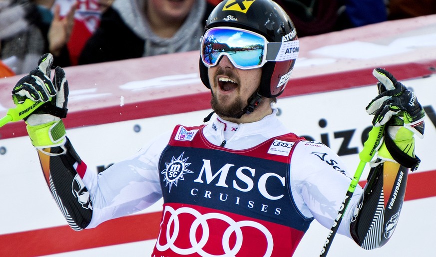 Marcel Hirscher, of Austira, jubilates in the finish area, during the second run of the men&#039;s giant slalom race at the Alpine Skiing FIS Ski World Cup in Adelboden, Switzerland, Saturday, January ...