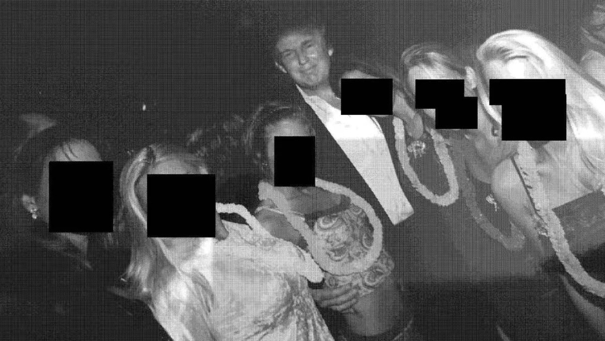 Auf einem Epstein-Foto ist Donald Trump zu sehen, umringt von Frauen, von denen einige Blumenkränze um den Hals tragen. Ihre Gesichter sind unkenntlich gemacht, doch der Präsident ist in der Mitte zu  ...