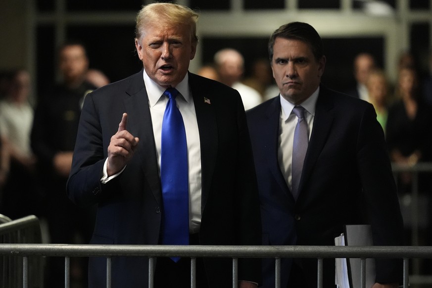 epa11380596 Former President Donald Trumps speaks to members of the media after being found guilty on 34 felony counts of falsifying business records in the first degree at New York State Supreme Cour ...