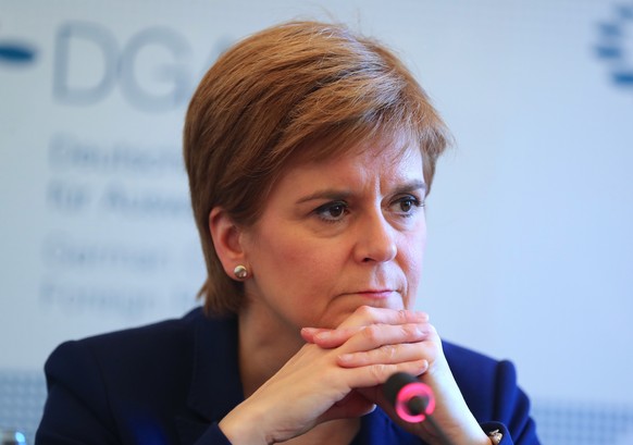 epa07849980 First Minister of Scotland Nicola Sturgeon speaks during a press conference in Berlin, Germany, 18 September 2019. The First Minister visits Berlin for a series of meetings with German bus ...