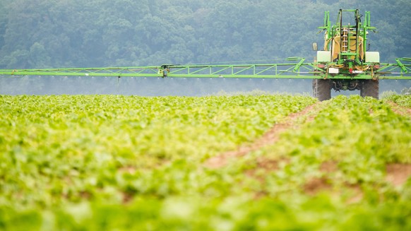 ARCHIV - Ein Landwirt sprüht am 30.05.2016 mit einem Traktor und Ausleger selektive Herbizide zur Vernichtung von Unkraut auf ein Feld mit Zuckerrüben bei Münstedt im Landkreis Peine (Niedersachsen).  ...