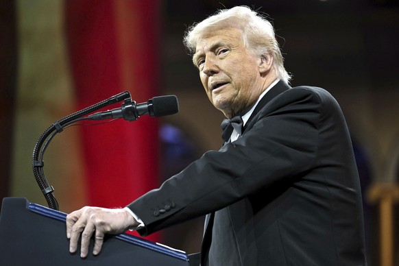 President Donald Trump speaks at the National Republican Congressional Committee (NRCC) dinner at the National Building Museum in Washington, Tuesday, April 8, 2025. (Pool via AP)
Trump