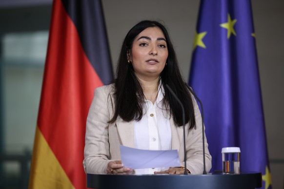 epa11129100 Minister of State to the Federal Chancellor and Federal Government Commissioner for Migration, Refugees and Integration Reem Alabali-Radovan speaks during a joint press statement with Germ ...