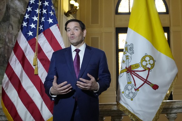 Secretary of State Marco Rubio, speaks to the media during a meeting with President of the Conference of Italian Bishops, Cardinal Matteo Zuppi at the U.S. Embassy to the Holy See in Rome, Saturday, M ...