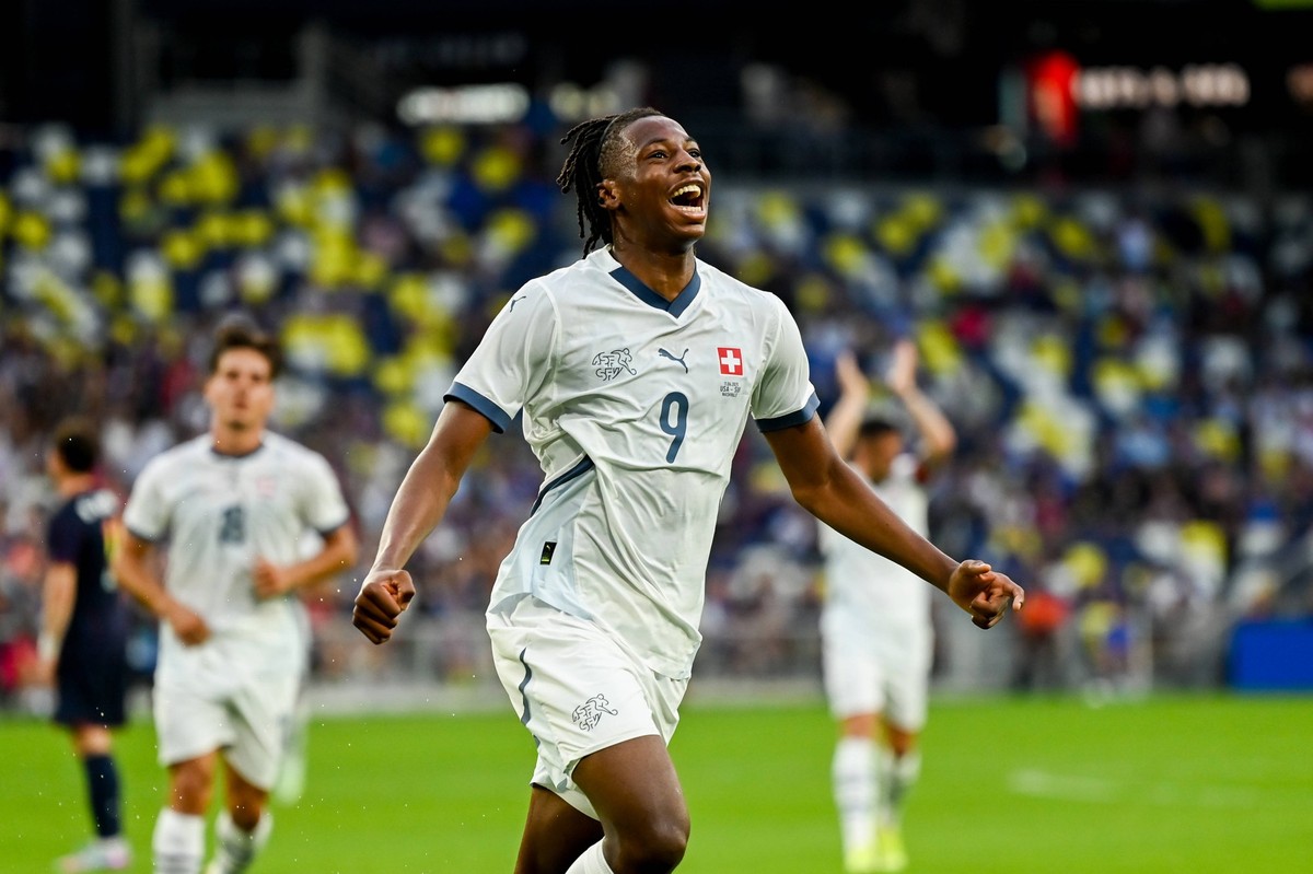 Nashville, USA, June 10th 2025: Johan Manzambi 9 Switzerland celebrates his goal during the International Friendly, L