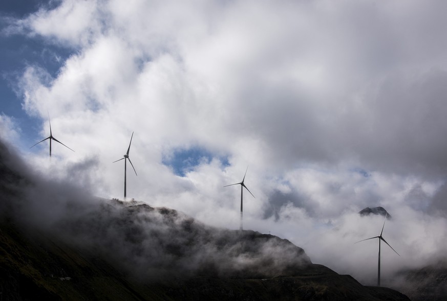 epa05563589 Wind turbines at the site of the highest wind park in Europe are pictured at the Griessee, near the Nufenenpass in the Swiss south Alpes, Valais, Switzerland, in an image dated 23 Septembe ...