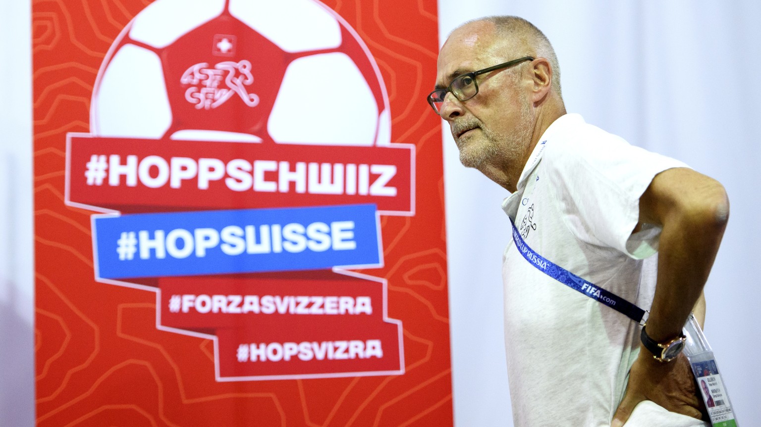 Peter Gillieron, President of the Swiss Football Association, SFV, arrives for a press conference of the Switzerland&#039;s national soccer team at the Torpedo Stadium, in Togliatti, Russia, Wednesday ...