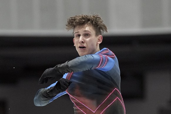 Lukas Britschgi, of Switzerland, practices during a training session at the 2022 Winter Olympics, Wednesday, Feb. 9, 2022, in Beijing. (AP Photo/David J. Phillip)
Lukas Britschgi