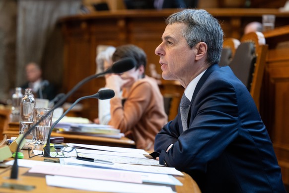 Bundespraesident Ignazio Cassis spricht im Staenderat an der Fruehlingssession, am Montag, 14. Maerz 2022, in Bern. (KEYSTONE/Peter Schneider)