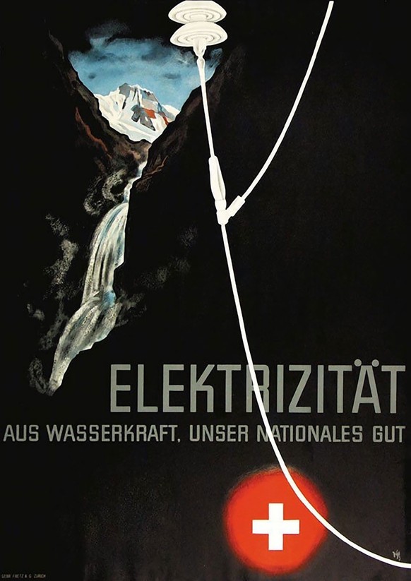 Plakat von Walter Diggelmann aus dem Jahr 1936. Die Schweiz wird als Bergnation mit grossen Wasservorkommen dargestellt. Die über das Schweizer Kreuz laufenden Stromleitungen im Vordergrund erscheinen ...