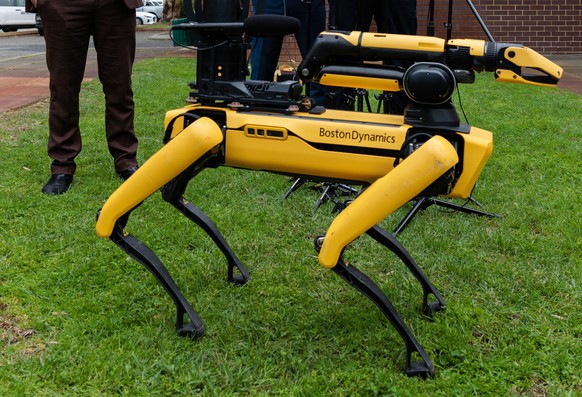 epa10092067 WA Police Commissioner Col Blanch and WA Minister for Police, Paul Papalia attend a press conference with &#039;Spot&#039; the robot, a multi-purpose robotics platform to be used by the WA ...