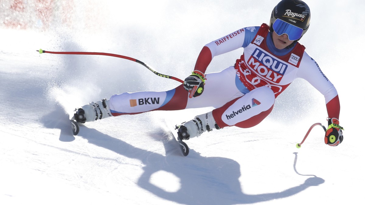 Switzerland's Lara Gut-Behrami speeds down the course during an alpine ski, women's World Cup super G, in Val di Fassa, Italy, Sunday, Feb. 28, 2021. (AP Photo/Alessandro Trovati)