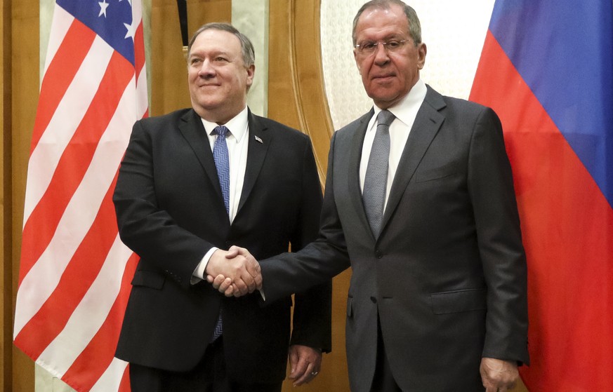 U.S. Secretary of State Mike Pompeo, left, and Russian Foreign Minister Sergey Lavrov pose for a photo prior to their talks in the Black Sea resort city of Sochi, southern Russia, Tuesday, May 14, 201 ...