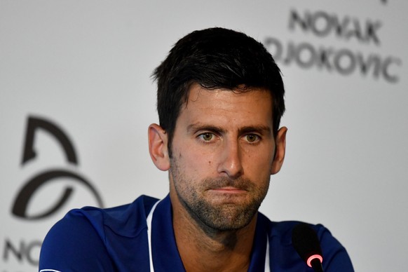 epa06110807 Serbian tennis player Novak Djokovic speaks during a press conference in Belgrade, Serbia, on 26 July 2017. Djokovic announced that he will not play again in the 2017 season due to an elbo ...