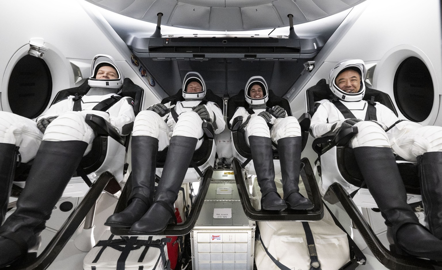 Russian cosmonaut Konstantin Borisov, left, ESA (European Space Agency) astronaut Andreas Mogensen, NASA astronaut Jasmin Moghbeli and Japan Aerospace Exploration Agency (JAXA) astronaut Satoshi Furuk...