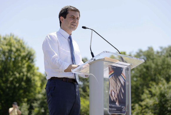 Democratic presidential candidate Pete Buttigieg speaks during the Capital City Pride Fest, Saturday, June 8, 2019, in Des Moines, Iowa. (AP Photo/Charlie Neibergall)