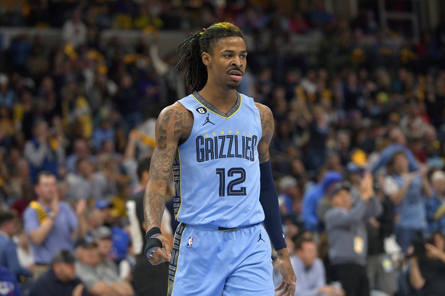 FILE - Memphis Grizzlies guard Ja Morant (12) plays during the second half of Game 5 in a first-round NBA basketball playoff series against the Los Angeles Lakers, April 26, 2023, in Memphis, Tenn. On ...