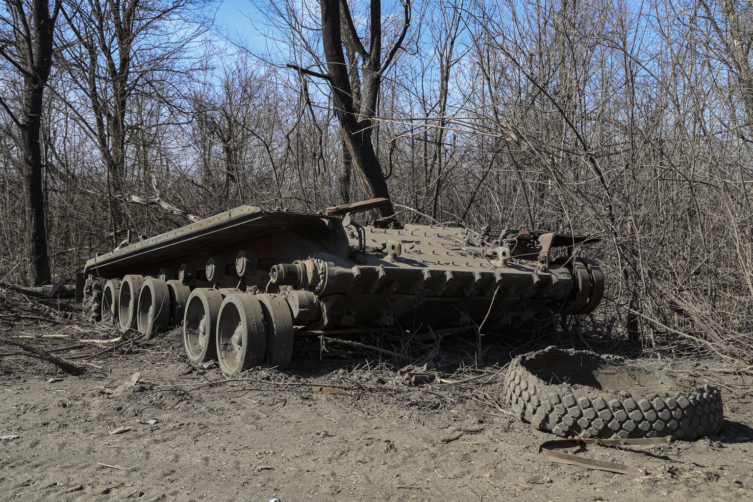 epa11217266 A destroyed tank at the entrance of Spartak settlement near Donetsk, Russian-controlled Ukraine, 12 March 2024. The settlement of Spartak is located between Donetsk and Avdiivka. It is cur ...