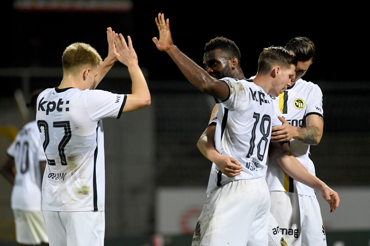 Young Boys's players celebrate the 1-2 goal, during the Super League soccer match FC Lugano against BSC Young Boys, at the Cornaredo stadium in Lugano, Wednesday, October 19, 2022. (KEYSTONE/Ti-P ...