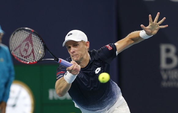 Kevin Anderson, of South Africa, hits a forehand to Roger Federer, of Switzerland, during a quarterfinal in the Miami Open tennis tournament Thursday, March 28, 2019, in Miami Gardens, Fla. Federer wo ...