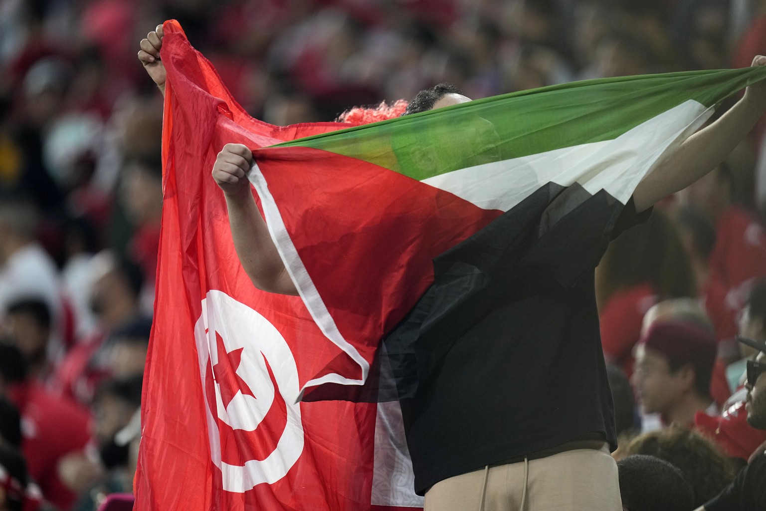 Fans hold the flag of Palestine and Tunisia during the World Cup Group D soccer match between Denmark and Tunisia, at Education City Stadium in Al Rayyan, Qatar, Tuesday, Nov. 22, 2022. (AP Photo/…