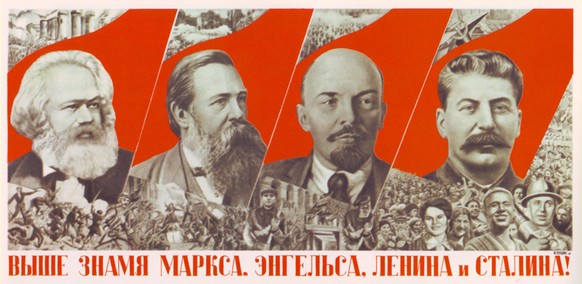 Sowjetisches Propaganda-Poster (1933): «Halte den Banner von Marx, Engels, Lenin und Stalin hoch!»&nbsp;