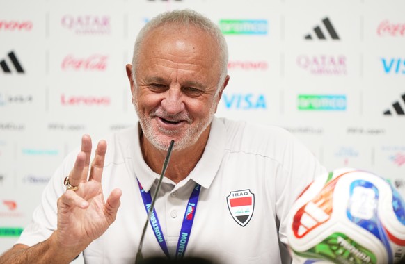 Iraq coach Graham Arnold speaks during a news conference ahead of a World Cup 2026 qualifying soccer match against Bolivia in Monterrey, Mexico, Monday, March 30, 2026. (AP Photo/Fernando Llano)
Graha ...