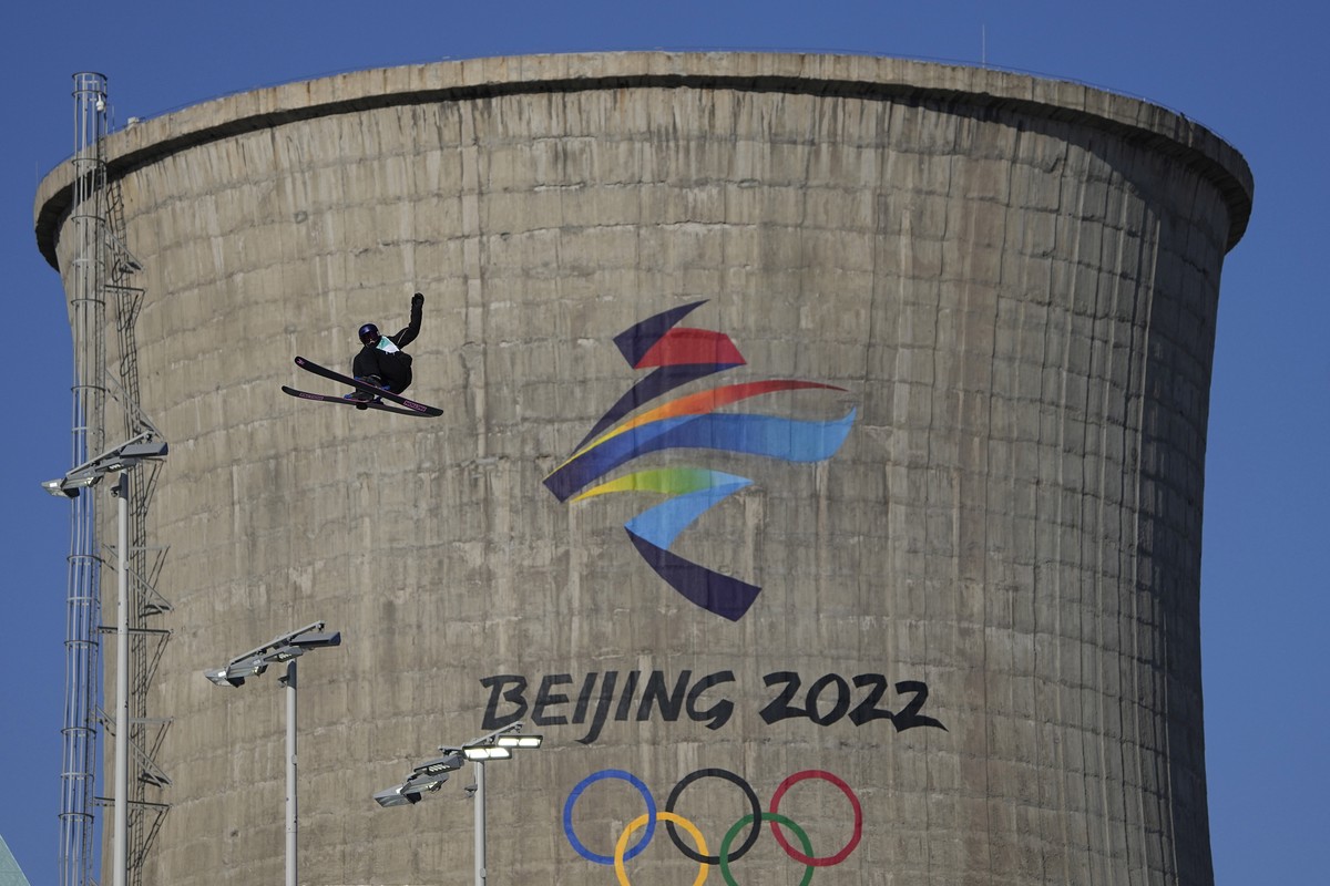 Mathilde Gremaud of Switzerland competes during the women's freestyle skiing big air finals of the 2022 Winter Olympics, Tuesday, Feb. 8, 2022, in Beijing. (AP Photo/Jae C. Hong)