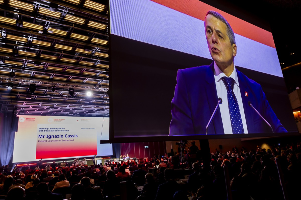 Swiss Foreign Minister Ignazio Cassis delivers his statement, during the 34th International Conference of the Red Cross and Red Crescent in Geneva, Switzerland, Monday, October 28, 2024. (KEYSTONE/Sal ...