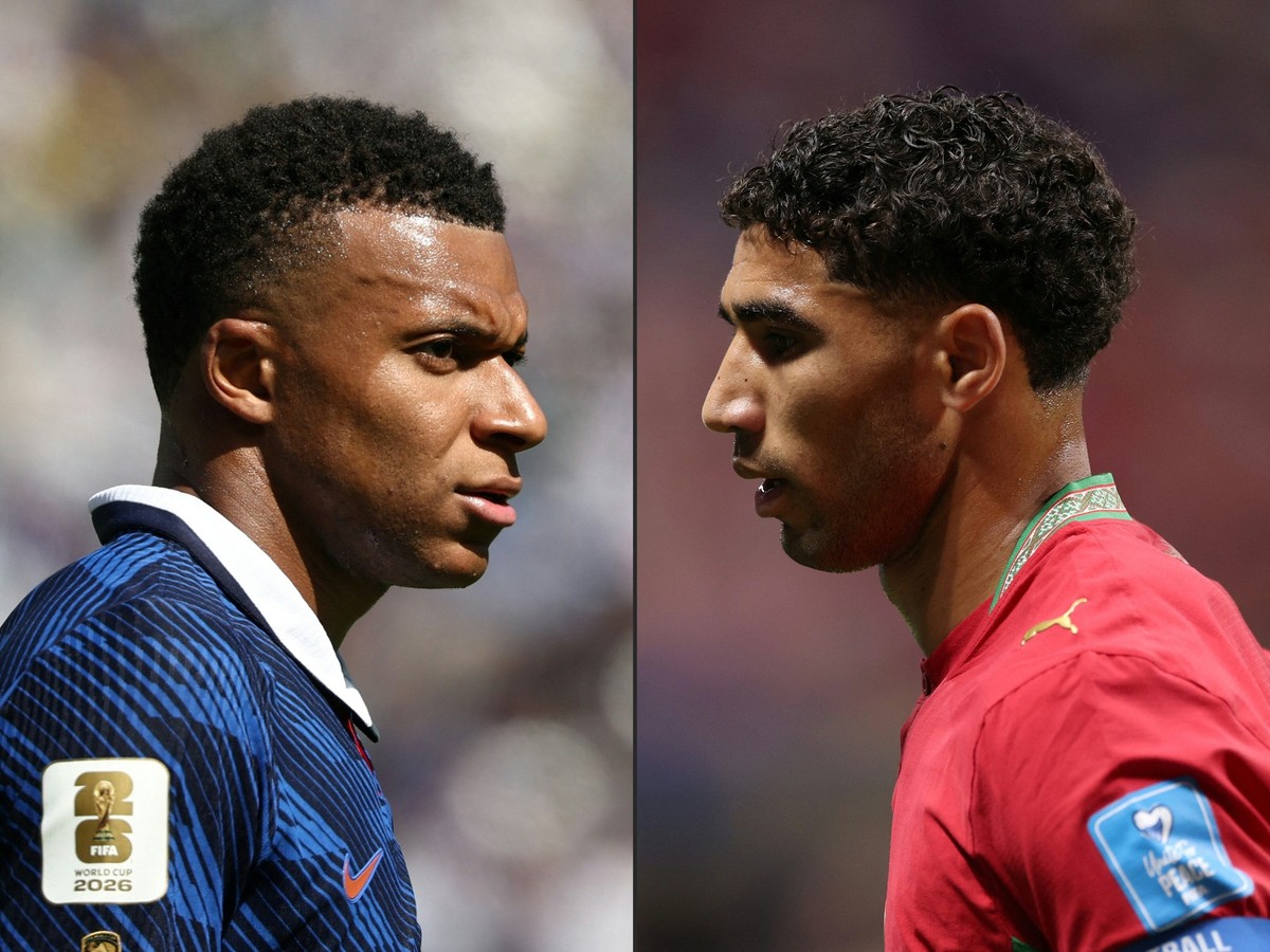This combination of pictures created on July 07, 2026 shows France's forward #10 Kylian Mbappe reacting at the New York/New Jersey Stadium in East Rutherford on June 16, 2026, and Morocco's  ...