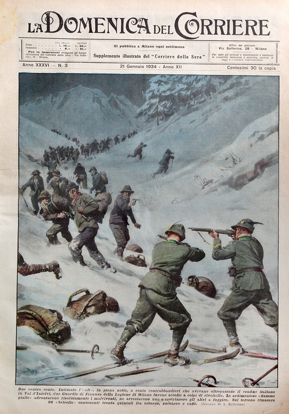 Bildliche Darstellung der 1934 im Val d’Intelvi entdeckten Schmugglergruppe in der «Domenica del Corriere». (Foto: La Domenica del Corriere, 21. Januar 1934)