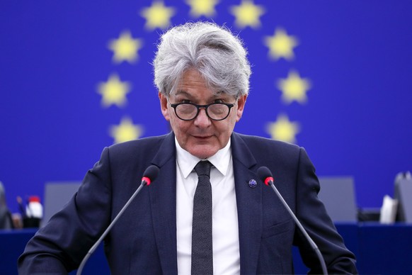epa09597914 European Commissioner for Internal Market Thierry Breton delivers a speech during a plenary session at the European Parliament in Strasbourg, France, 22 November 2021, where MEPs debated t ...