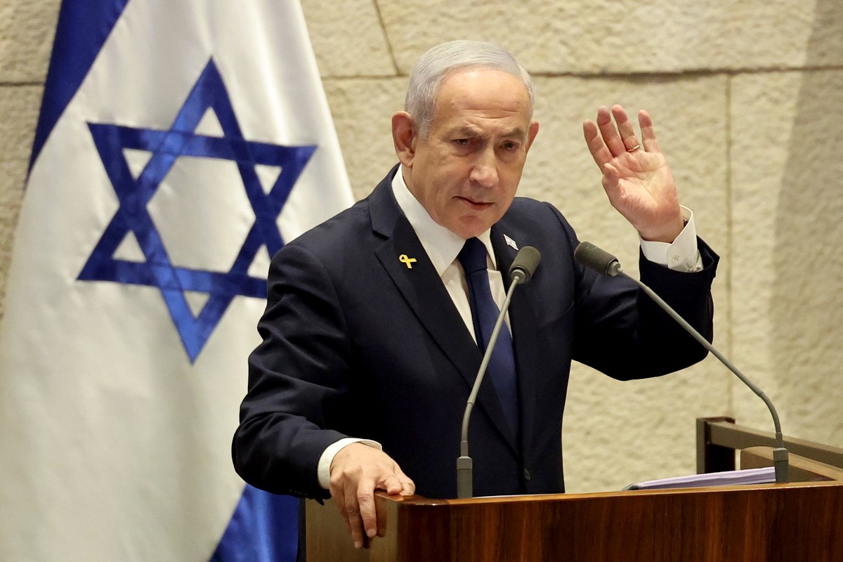 epa12516452 Israel's Prime Minister Benjamin Netanyahu speaks during a plenary session at the Knesset, the Israeli parliament in Jerusalem, 10 November 2025. The session has been initiated by the ...