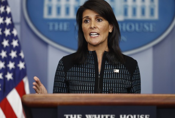 FILE - U.S. Ambassador to the United Nations Nikki Haley speaks during a news briefing at the White House, in Washington, Sept. 15, 2017. Haley, the former South Carolina governor and United Nations a ...