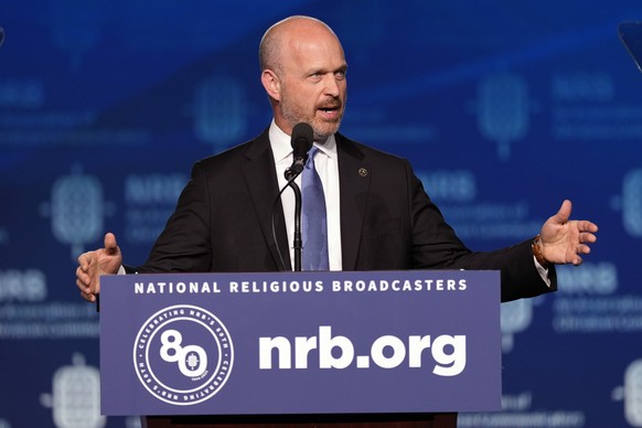 Kevin Roberts, president of The Heritage Foundation, speaks before Republican presidential candidate former President Donald Trump at the National Religious Broadcasters convention at the Gaylord Opry ...