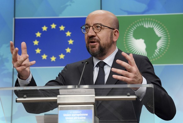 European Council President Charles Michel speaks during a media conference at the conclusion of an EU Africa summit in Brussels, Friday, Feb. 18, 2022. European Union leaders on Thursday lauded the bloc's vaccine cooperation with Africa in the fight against the coronavirus, but there was no sign they would move toward a temporary lifting of intellectual property rights protection for COVID-19 shots. (John Thys, Pool Photo via AP)