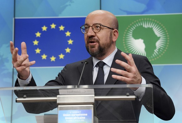 European Council President Charles Michel speaks during a media conference at the conclusion of an EU Africa summit in Brussels, Friday, Feb. 18, 2022. European Union leaders on Thursday lauded the bl ...