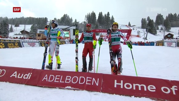 Neben dem Überraschungssieger Gross stehen Dopfer und Hirscher auf dem Podest.&nbsp;