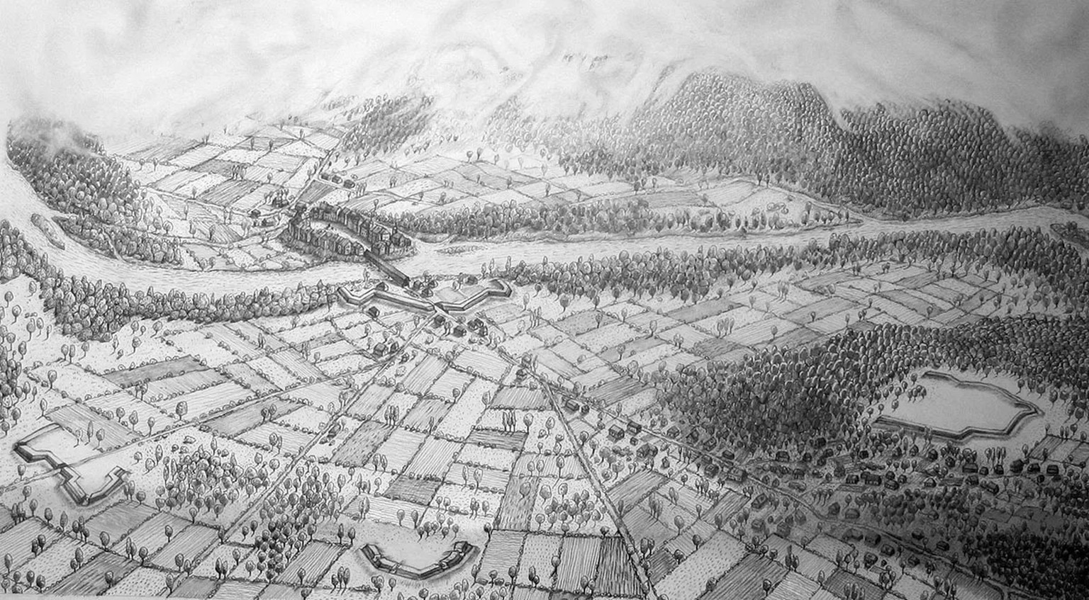 Diese Rekonstruktionszeichnung zeigt die Schanzen von Aarberg um 1831 aus der Vogelperspektive. Vor dem Städtchen Aarberg und der Brückenkopfschanze von 1815 laufen die Strassen aus Murten, Neuenburg  ...