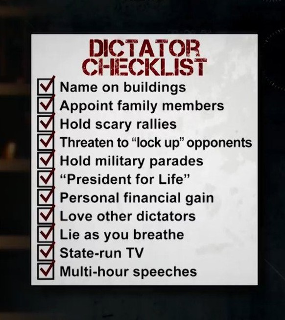 Donald Trumps Militärshow erzürnt Washington
Na dann haben wir ja die Checkliste komplett...