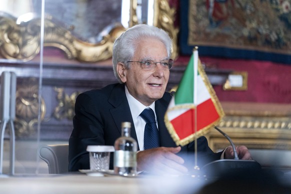 FILE - Italian President Sergio Mattarella speaks during a meeting with Secretary of State Antony Blinken at Quirinale Palace in Rome, Monday, June 28, 2021. Mattarella has been elected to a second se ...