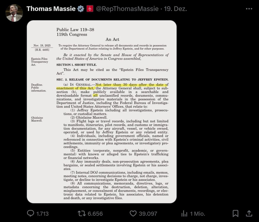 Der Wortlaut des Gesetzes verlangt nach sämtlichen Files. Dem ist das DOJ nicht nachgekommen.