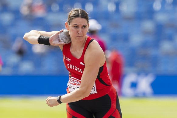 Miryam Mazenauer of Switzerland in action during the women's shot put qualification at the European Athletics Championships, in the Alexander Stadium, Birmingham, United Kingdom, Monday, August 1 ...