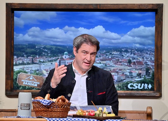 epa09017941 Bavaria&#039;s State Premier Bayerns Markus Soeder of CSU speaks during the digital political Ash Wednesday gathering of the Christian Social Union (CSU) party in the Dreilaenderhalle in P ...