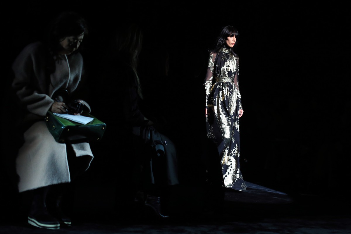 A model wears a creation for Emanuel Ungaro's Fall-Winter 2016 - 2017 ready to wear collection presented in Paris, France, Friday, March 4, 2016. (AP Photo/Thibault Camus)