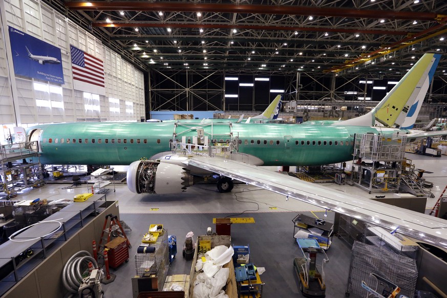 FILE - In this Monday, Feb. 13, 2017, file photo, the first of the large Boeing 737 MAX 9 models, expected to begin test flights in April, sits at the front of the assembly line and almost ready to ro ...