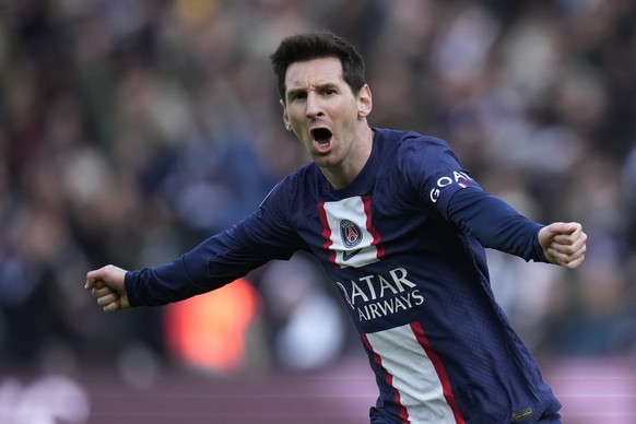 PSG&#039;s Lionel Messi celebrates after scoring his side&#039;s fourth goal during the French League One soccer match between Paris Saint-Germain and Lille at the Parc des Princes stadium, in Paris,  ...