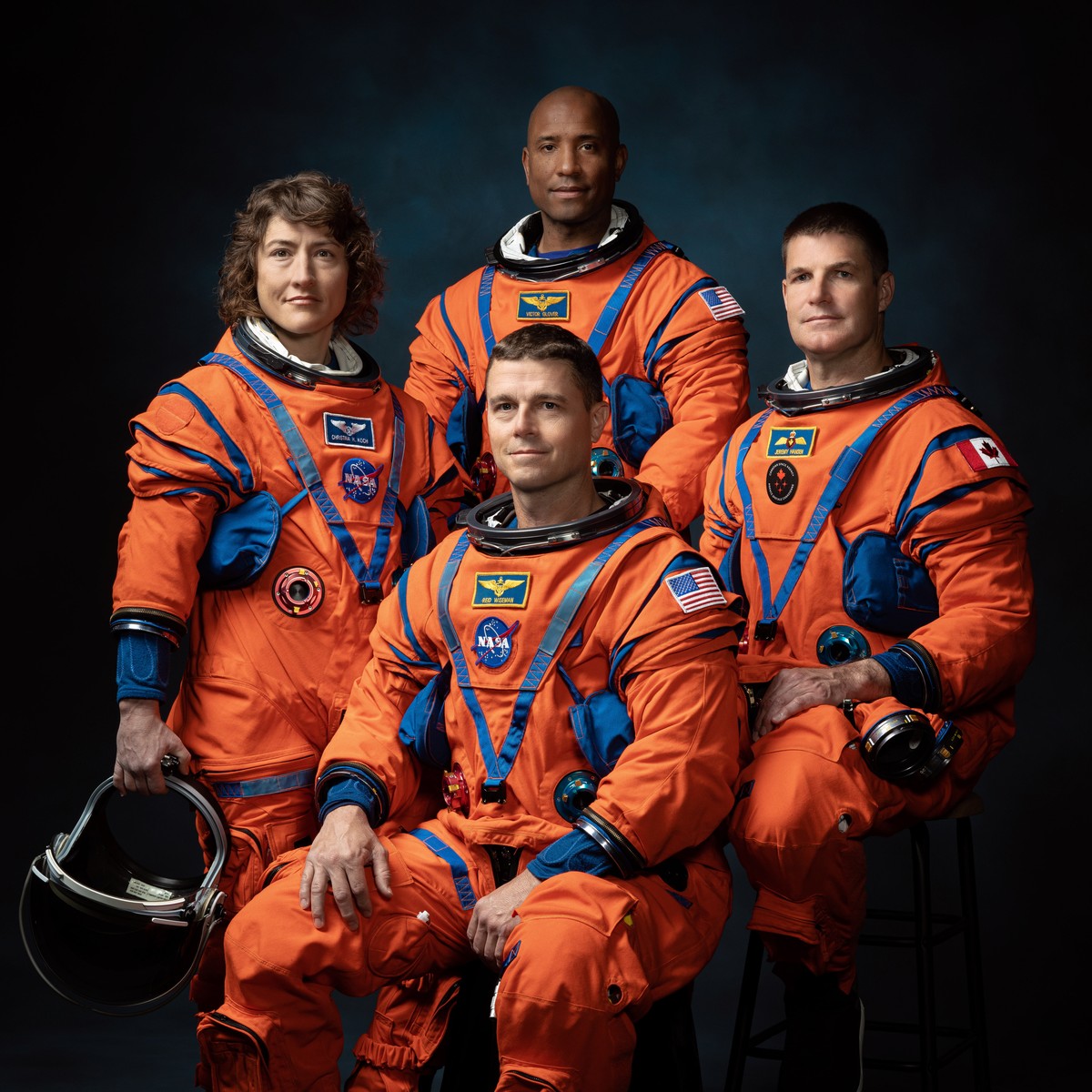epa10557480 A handout photo made available by NASA shows the Official crew portrait for Artemis II, from left: NASA Astronauts Christina Koch (L), Victor Glover (up), Reid Wiseman (down), and Canadian ...